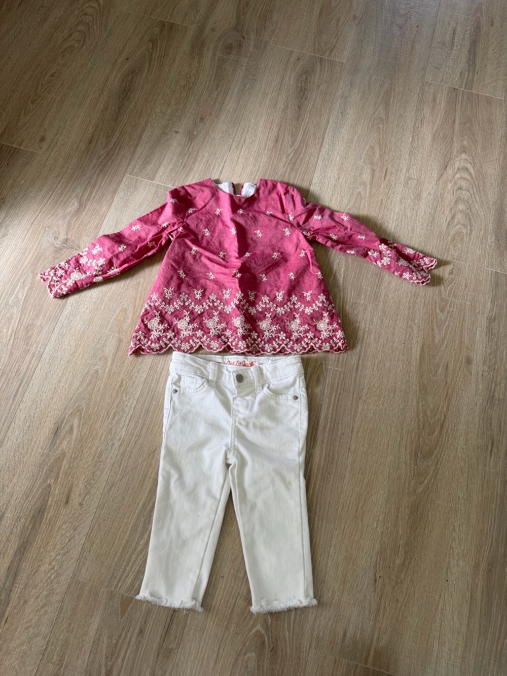 Girls' Pink Floral Embroidered Long-Sleeve Top & Jeans Outfit - 1-2yrs